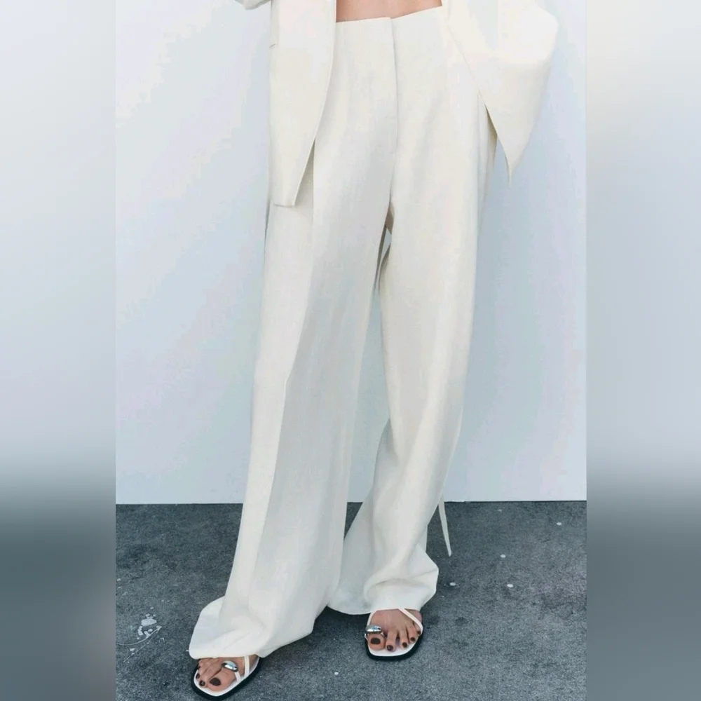ZARA Ivory Linen Blend Wide Leg Pants Size S NWT High Waist Flowy Pockets Chic